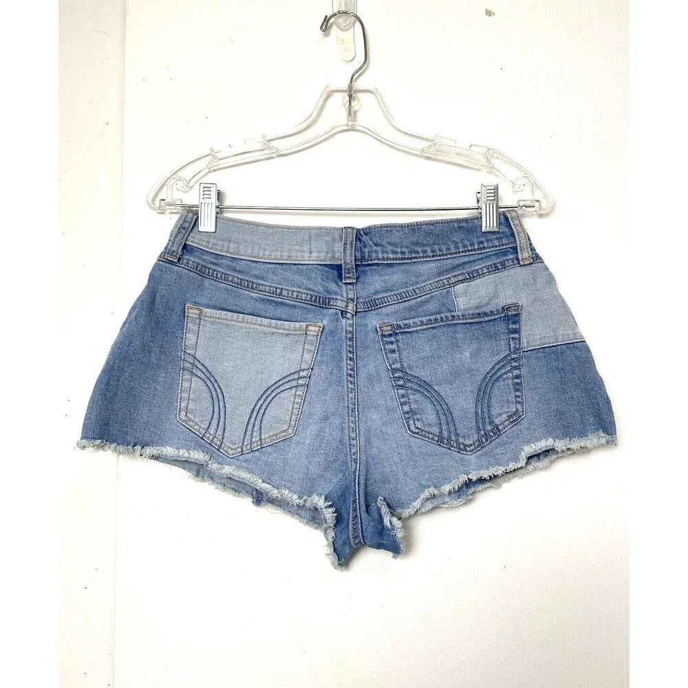 Hollister Blue Denim Vintage Shorts Size 28 Womens High Rise Cut Off Color Block
